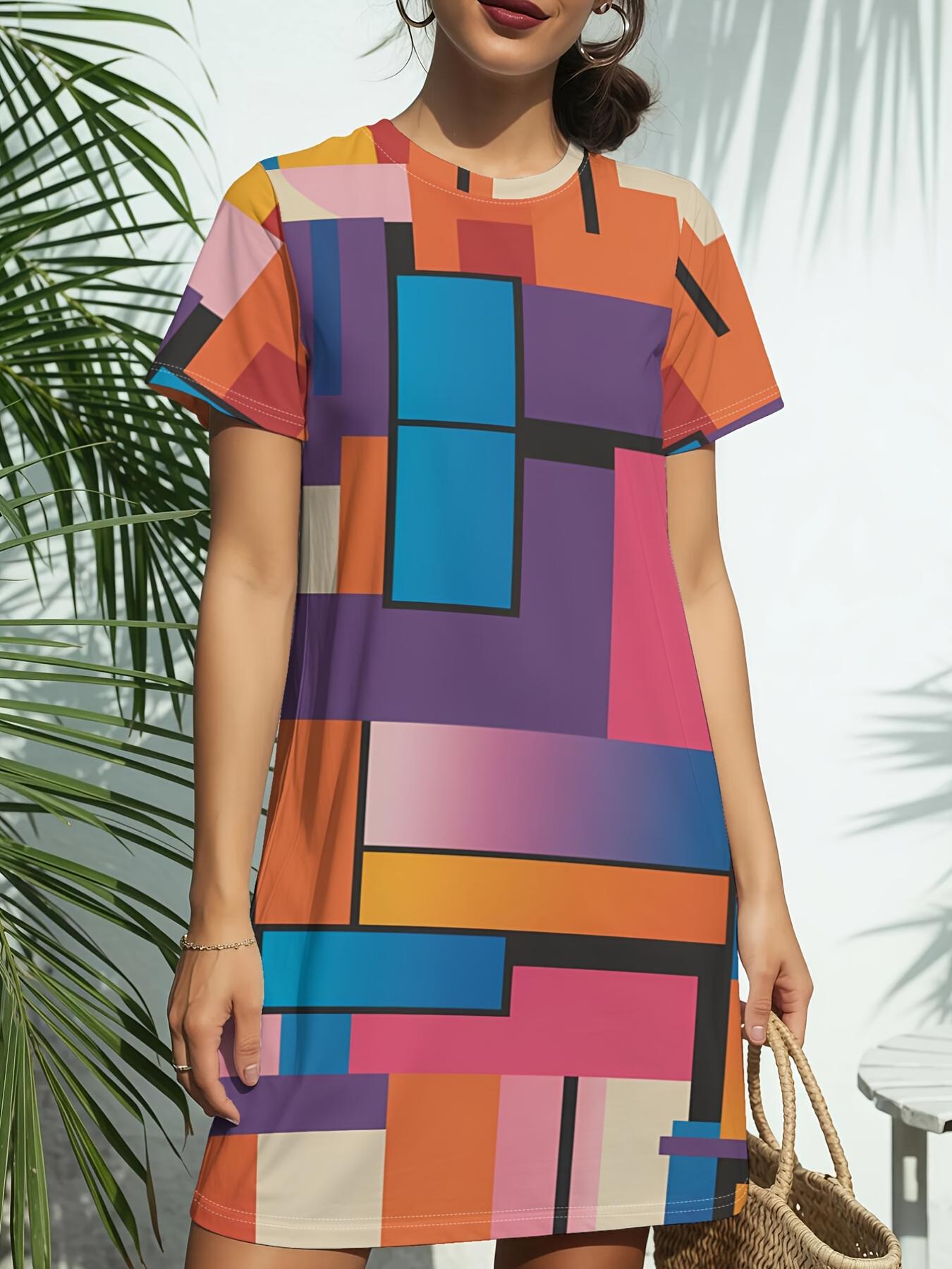 

Women s Abstract Geo T-Shirt Dress - Short Sleeve Round Neck Casual Short Dress with Modern Geometric Print. Regular Fit Spring Summer Dress Suitable 6XL дубильная кора