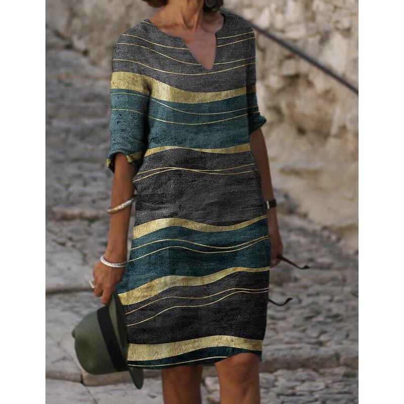 Elegantní vintage pruhované tištěné šaty pro dámské oblečení Podzimní volné ležérní midi šaty s V-výstřihem Dámské šaty Oversized