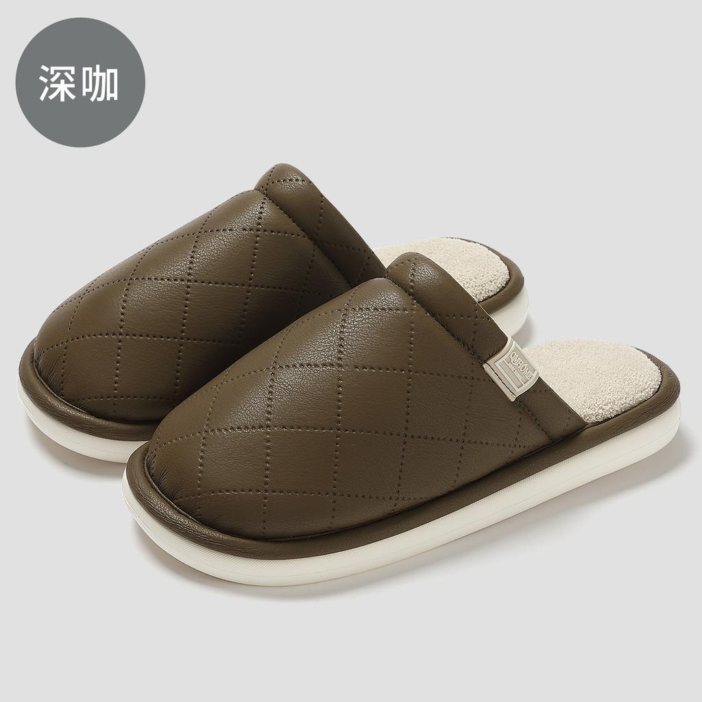 Home Cotton Slippers Winter Pu Waterproof Indoor Home Large Size Warm Plush Cotton Mop