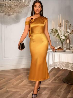 Browen Asymmetrical Neck Off Shoulder Slim Fit Stain Dress with 3D Flower Ruffles Solid Elegant Women Event Party Long Dresses