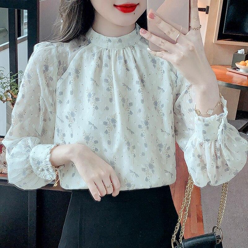 Thin Tops Loose Clothes Blusas 2026 Autumn Elegant Stand Collar Long Sleeve Shirt Sweet Floral Print Chiffon Blouse 28950