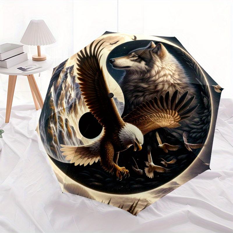 Wolf and Eagle Yin Yang Symbol Circular Art Print Poster Umbrella, Cute Umbrella with Cute Design, Portable 3-Fold Compact Umbrella for Men & Women, V