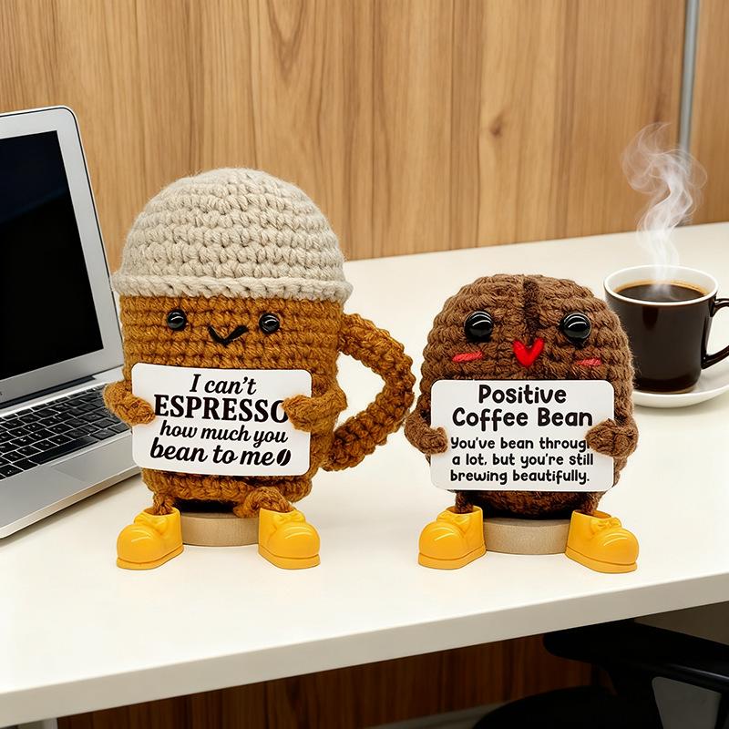 Funny Crochet Positive Energy Coffee Doll with Card Home Room Decoration Handmade Knitted Coffee Desk Ornament Christmas Gifts