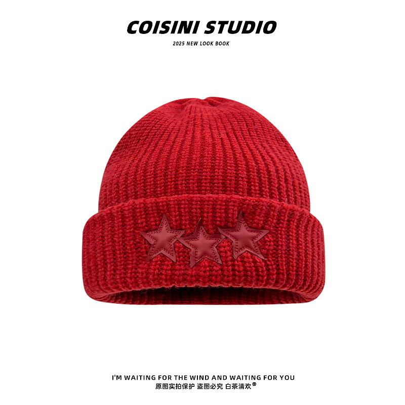 

2025 Cheng Xiao s Same Style Star Gray Woolen Hat Children s Warmth Korean Version Versatile Double-layer Knitted One size fits all яскраво-червоного кольору