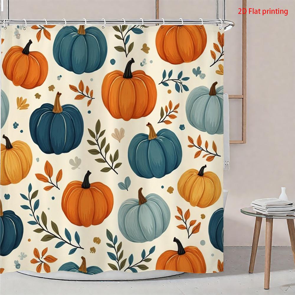 1Pc Blue And Orange Autumn Pumpkin Pattern Shower Curtain, Polyester Fabric With Hooks, Suitable For Bathroom Decoration
