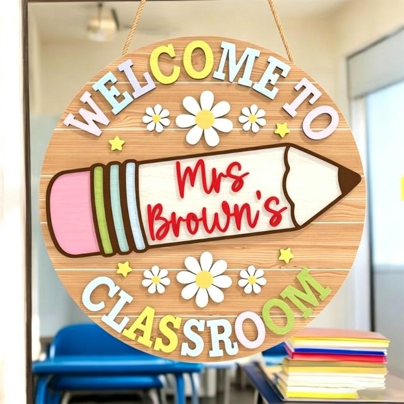 Teacher Door Sign For Classroom Door Decorations Classroom Welcome Sign for Teachers, Wood School Plaque with Rope Cord for First Day Entry Display