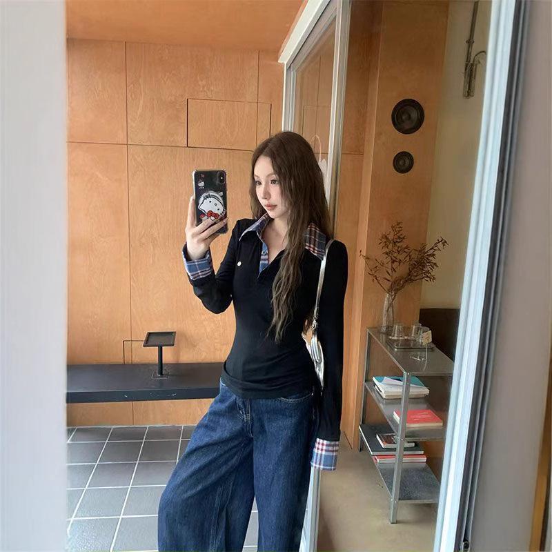 Design Sense Women's Plaid Patchwork Long Sleeve Collared Slim-Fit T-Shirt for Autumn