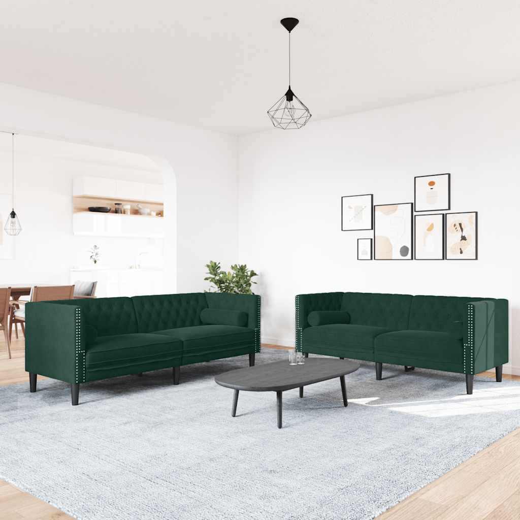 2 Piece Chesterfield Sofa Set with Neck Pillows Dark Green Velvet