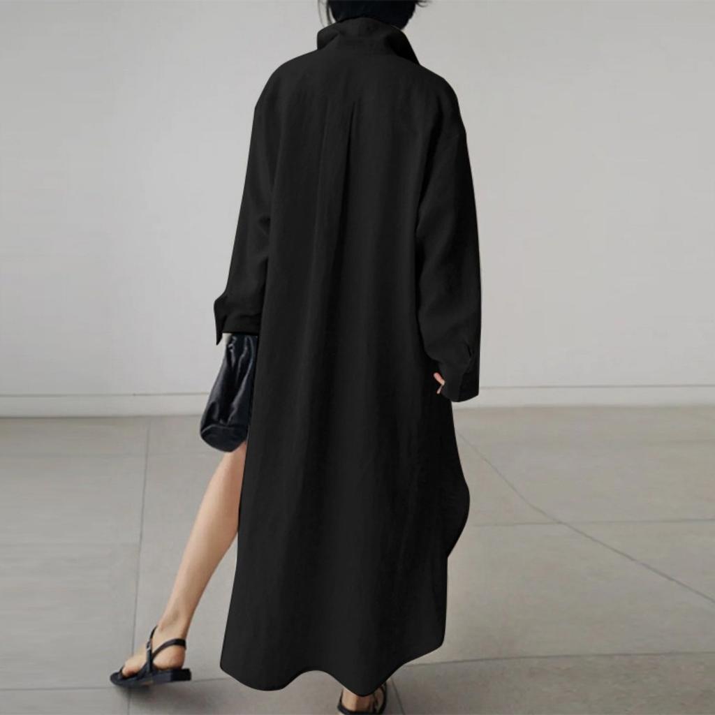 LYRIA Cotton Linen Oversize Women Dress Black Turn-Down Collar Loose Dresses Female Elegant Casual Trendy Ladies Clothes