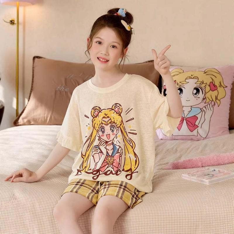 Girls Short Sleeve Pajama Set Cartoon Print Cotton Lyocell Sleepwear Ages 8 Lightweight Home Outfit