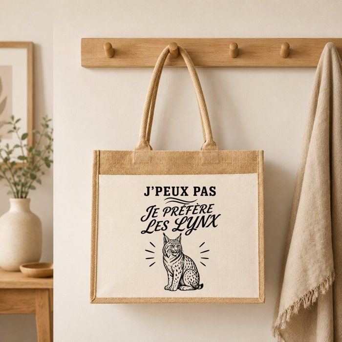 Sac cabas - PLANETEE - J’peux pas je préfère les Lynx - Toile de jute et coton - 21 L (43×33×21 cm) - Illustration au trait noir