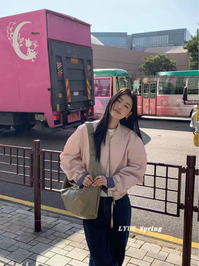 Korean-Style Pink Spliced Women's Baseball Jacket - Trendy Spring 2025 Edition