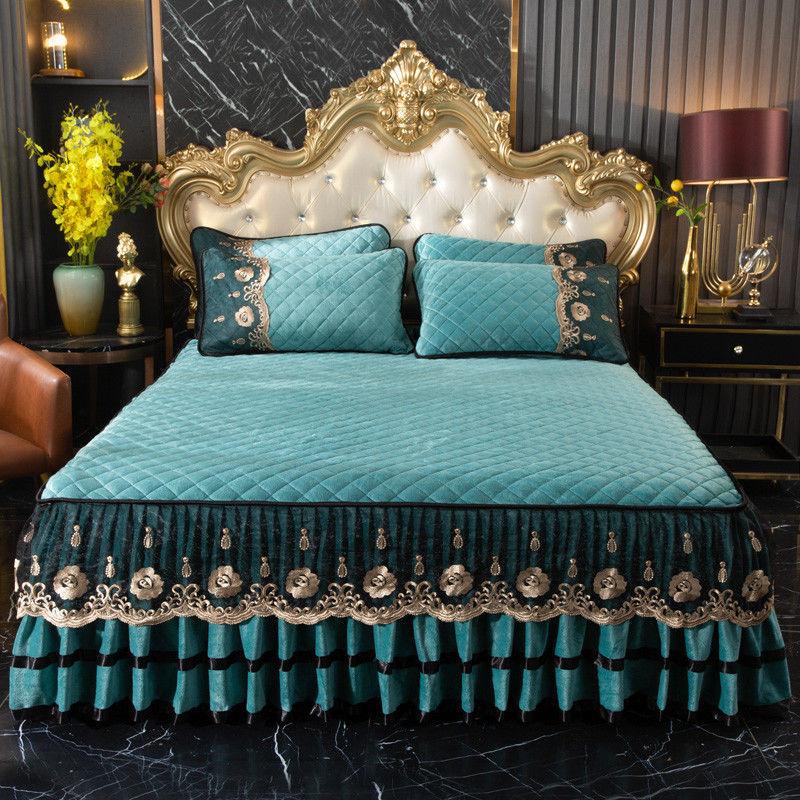 High Grade Winter Crystal Velvet Thicken Quilted Bedspread King Queen Size Flannel Quilting Bed Skirt Including Pillowcase