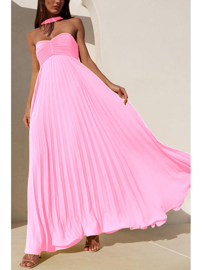 Women's Solid Color Pleated Bandeau Dress - Sleeveless, European & American Style, New Arrival