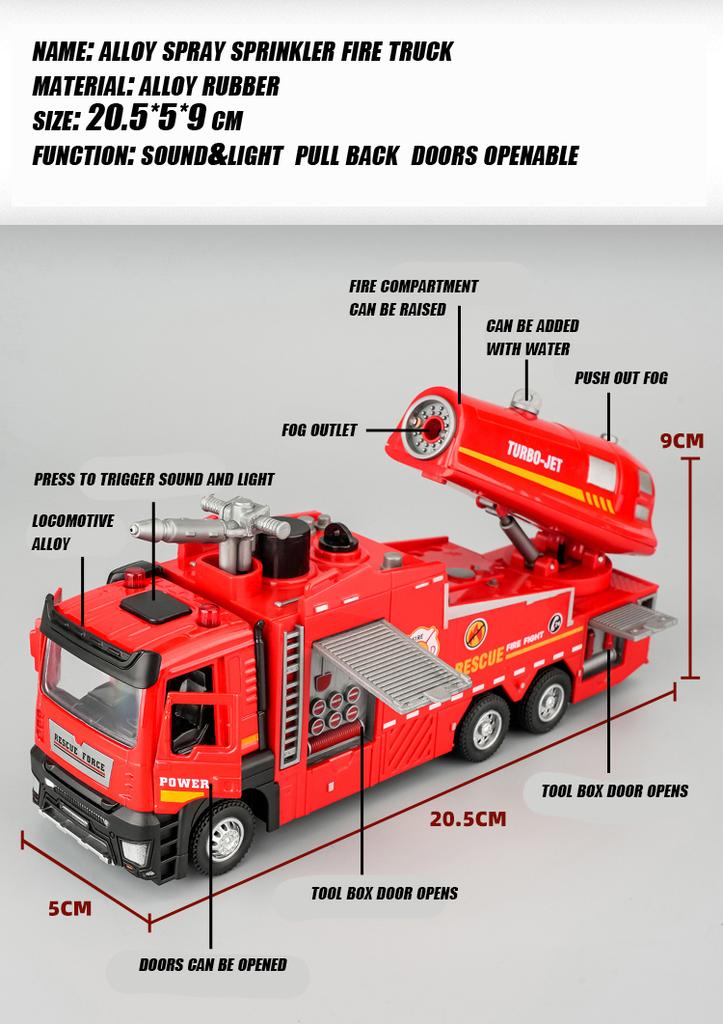 1/32 Spray Fire Engineering Truck Car Toy Model Alloy Diecast Sound Light Rubber Tires Vehicle Collection Kids Toys Christmas