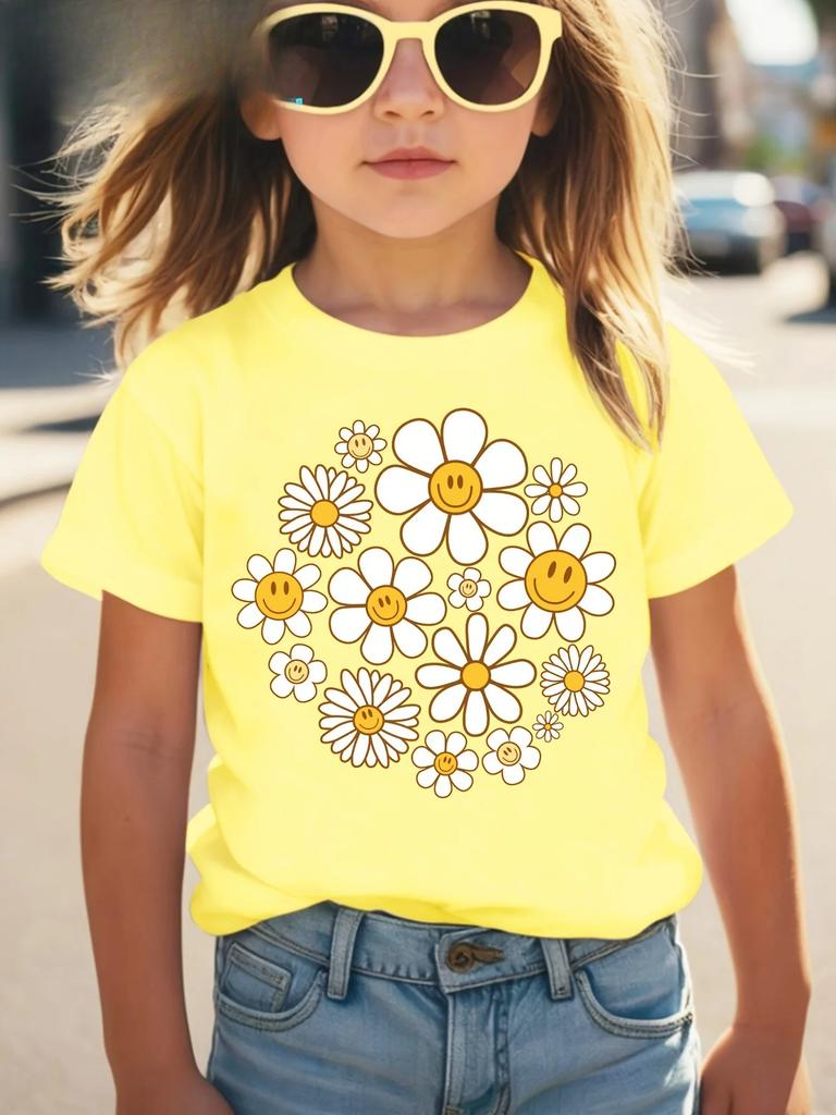 2026 Summer New Fashionable Round Neck Tshirt for Girls with Sunflower and Daisy Print Cute Shortsleeved Casual Y2k Cute Tops
