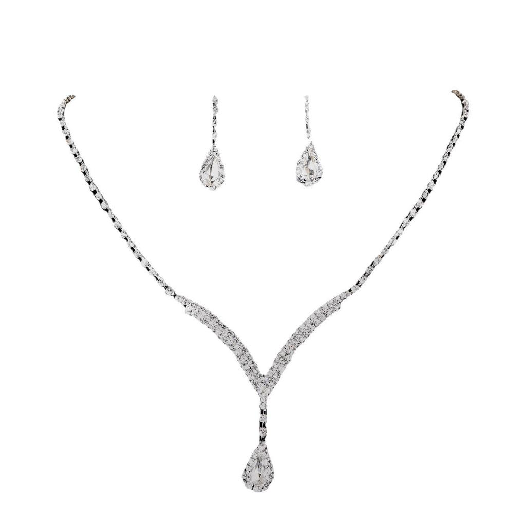 Bridal Jewelry Set: European & American Style Diamond V-Neck Teardrop Pendant Necklace & Stud Earrings N5471