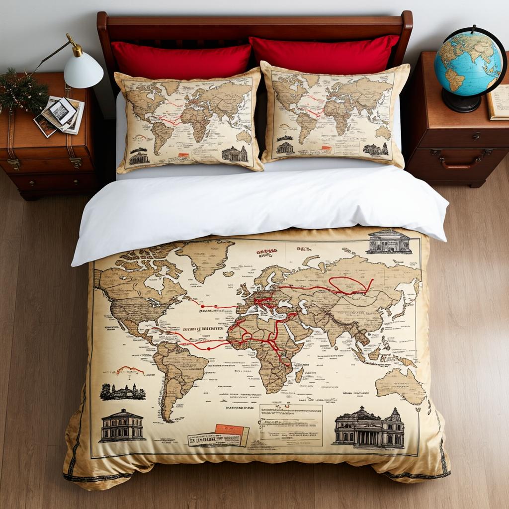 3Pcs Vintage Travel Christmas Bedding Set Polyester Adventure Map Print Duvet Cover Queen Size for Adult Bedroom Unique Retro Ho