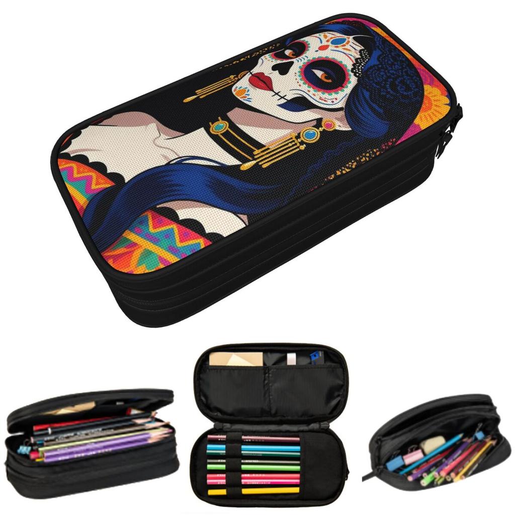Mexican Catrina Sugar Skull Day Of The Dead Pencil Case for Kids School Pen Box Pencil Bag Stationery Supplies Pen Holder Bag