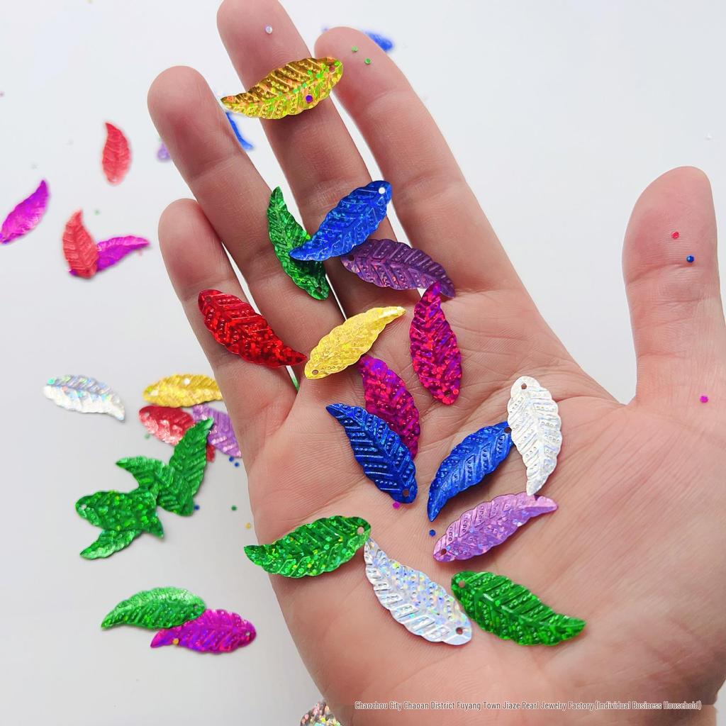 Lentejuelas de PVC con Forma de Hoja 10x30 mm, Accesorios de Alto Brillo Cosidos a Mano