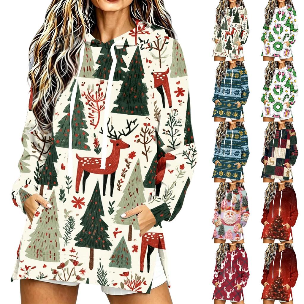 Women's Casual Christmas Print Long Sleeve Hooded Sweatshirt Top