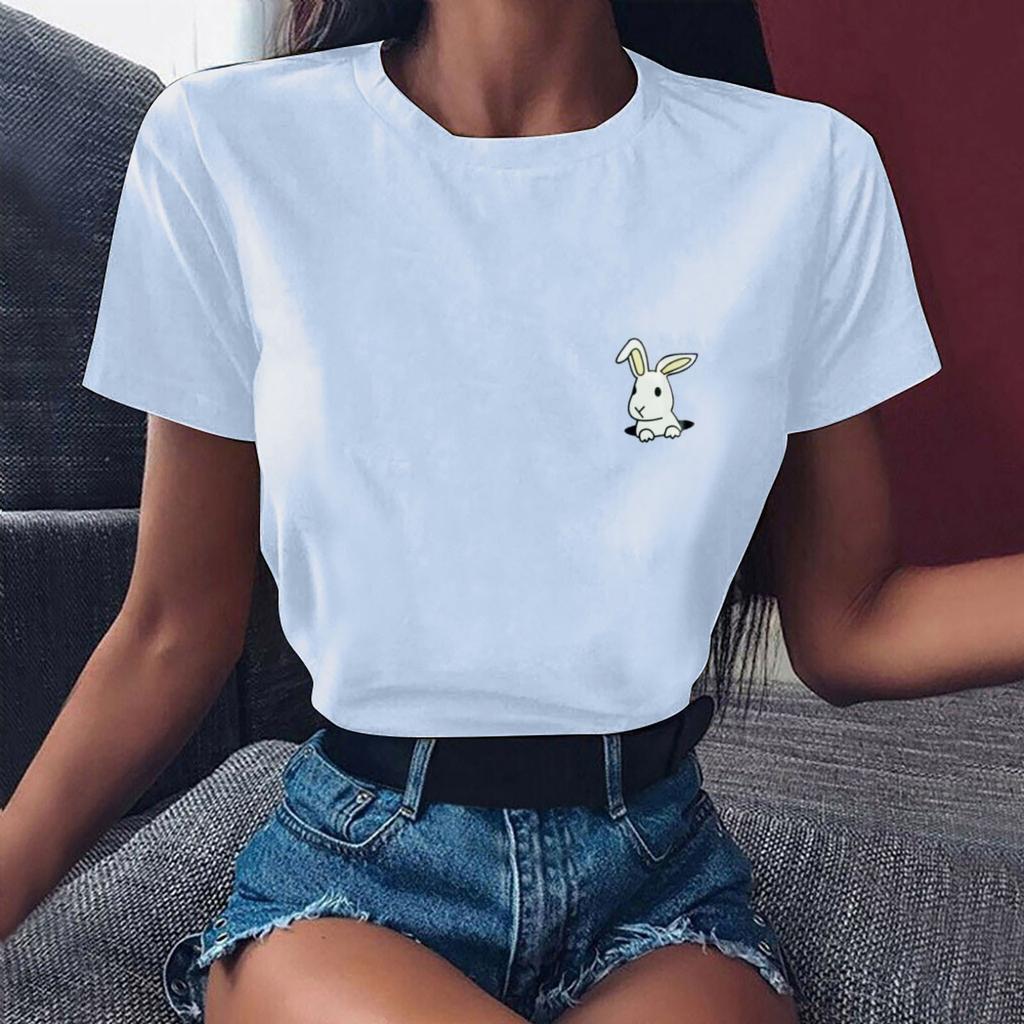 Summer Round Neck Little Rabbit Pattern Printed Top Fashionable Casual Pure Cotton Short Sleeved Women's T-shirts