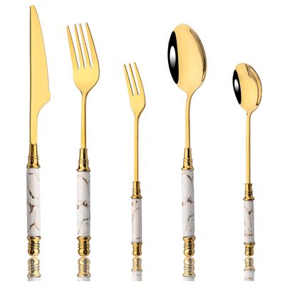 5PCS White Gold Ceramic Tableware Party Fork Spoon Knife Silverware Set Flatware Cutlery Set Stainless Steel Dinner Dinnerware Set