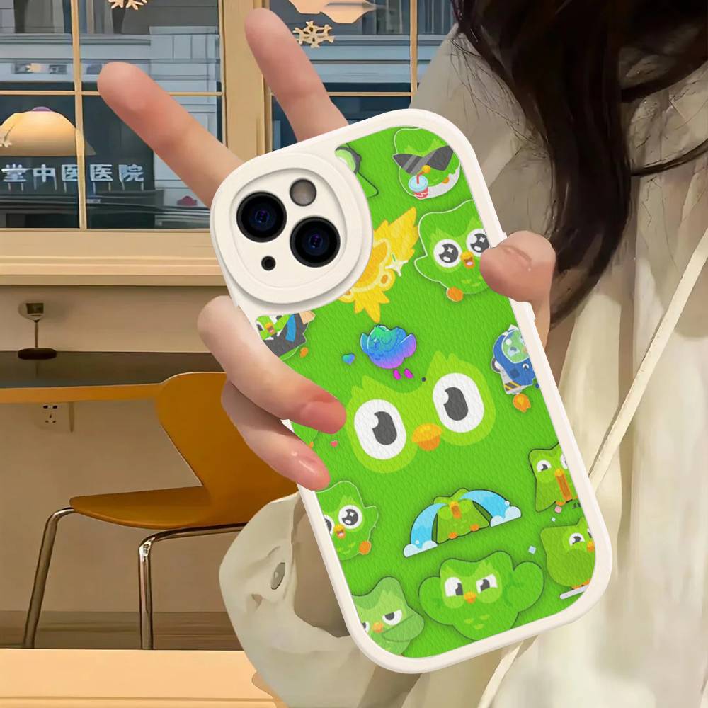 

Popular D-Duolingo Green Owl Phone Case For IPhone 16 15 14 13 12 11 Pro Max Plus Leather Shockproof Cover iPhone 15 plus