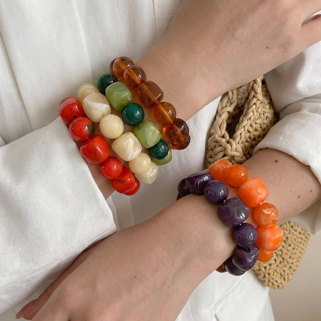 Acrylic Irregular Square Round Beaded Bracelets for Women Colorful Geometry Resin Bangles Simple Hand Jewelry Accessories