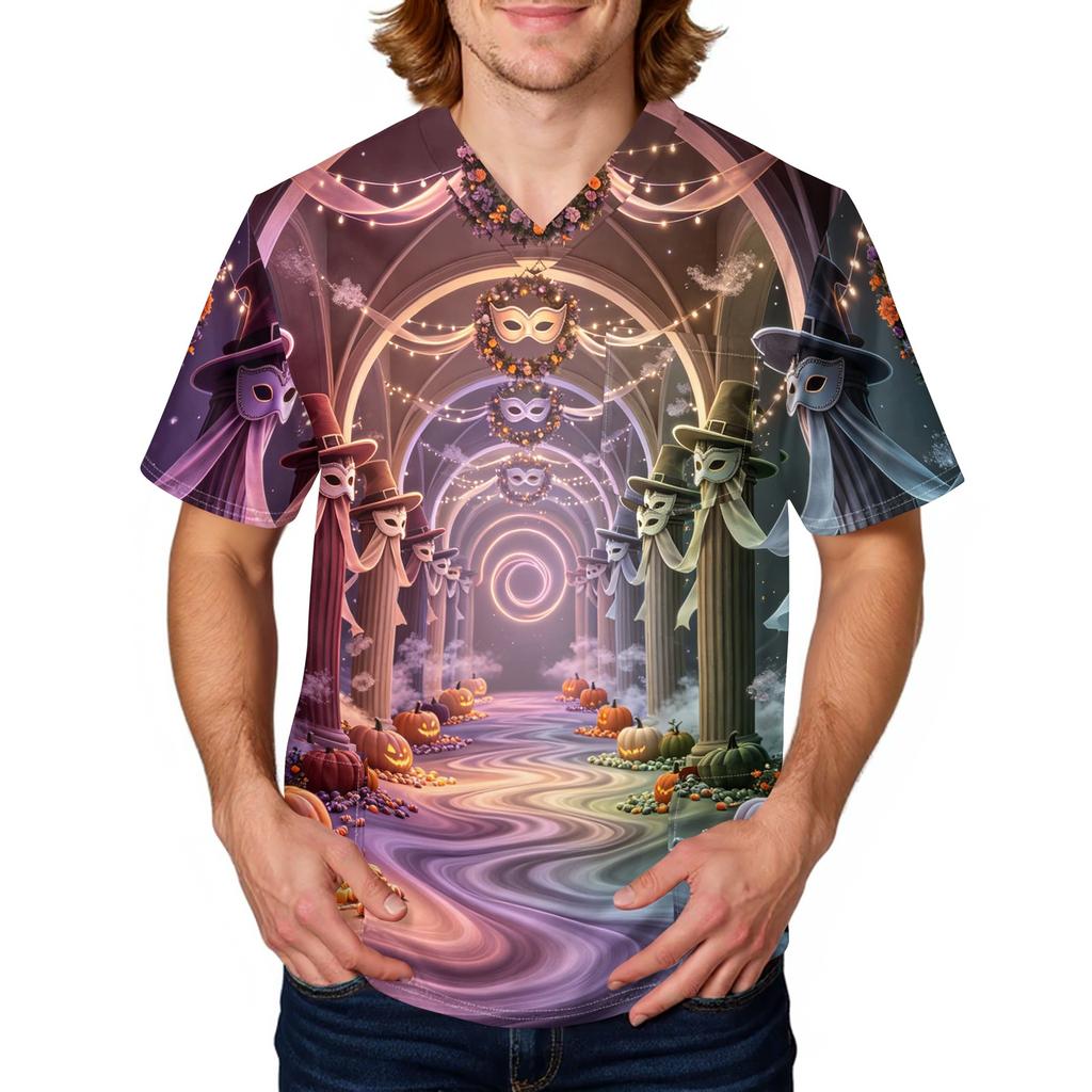 Herren Halloween Print Medizinische Kasack-Oberteil V-Ausschnitt mit Bindeband Taschen Bequeme Passform Tägliche Arbeitskleidung für medizinisches Fachpersonal