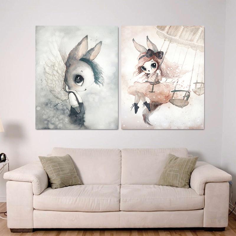 Väggkonst Kanin Flicka Djur Abstrakt Duk Målning Nordisk Akvarelltryck Barn Sovrum Vardagsrum Affisch Bild Heminredning