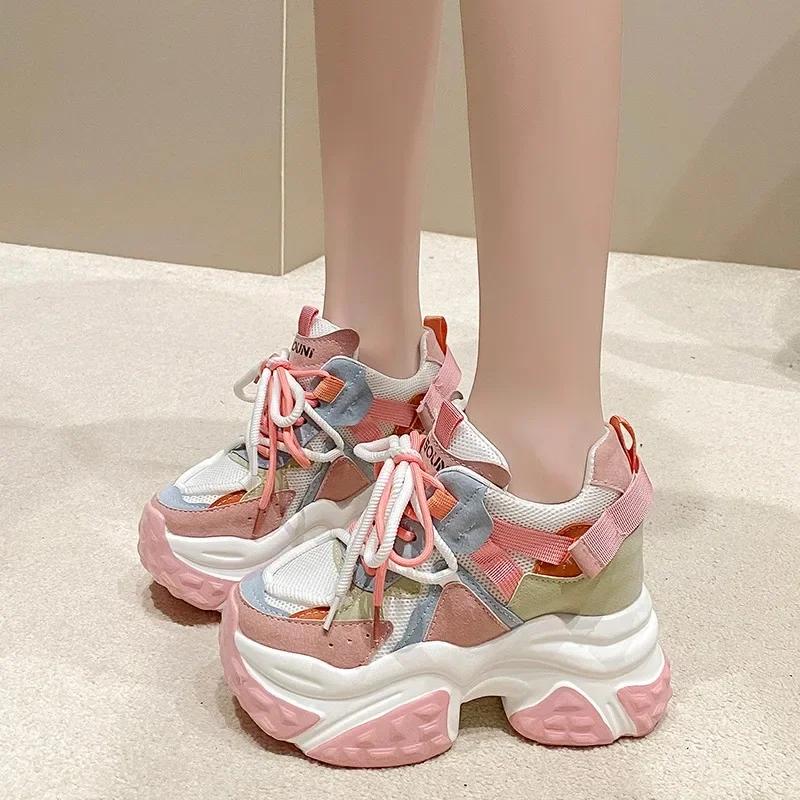 Fashion 11CM Women Mesh Chunky Sneakers 2024 Autumn High Platform Shoes Ladies New Wedges Casual Shoes Woman Sports Dad Leather Sneakers