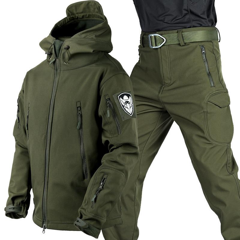 Teplá bunda Shark Skin Pánský podzimní a zimní nepromokavý zesílený softshellový oblek Plus Velvet Cargo Pants 2dílná sada
