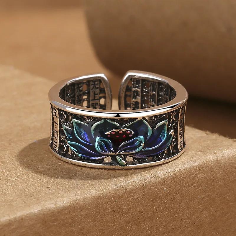 Vintage Ethnic Style Enamel Fired Blue Peony Flower Adjustable Ring for Women  Floral Luxury Party Vacation Jewelry Gifts