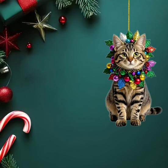 Cute Cat Car Mirror Hanging Charm 2D Flat Acrylic Kitten Christma Tree Ornament Car Interior Pendant for Xmas Home Window Backpack Decor