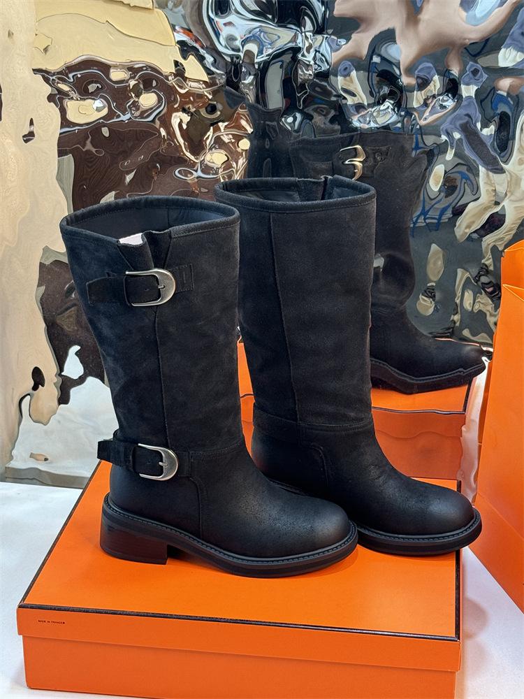 Dong Jie hat die gleichen farblich passenden plissierten Stiefel zum Stapeln, Damenlangschaft-Maillard-Overkneestiefel, großer Schaftumfang, Western-Cowboy-Reiterstiefel