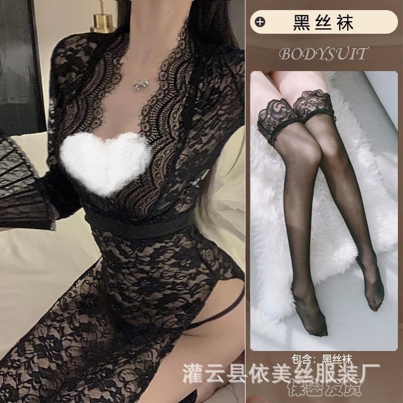 Sexy Sexy Female Lace Seduction Passion Perspective Suit Hot Side Split Hollow Uniform
