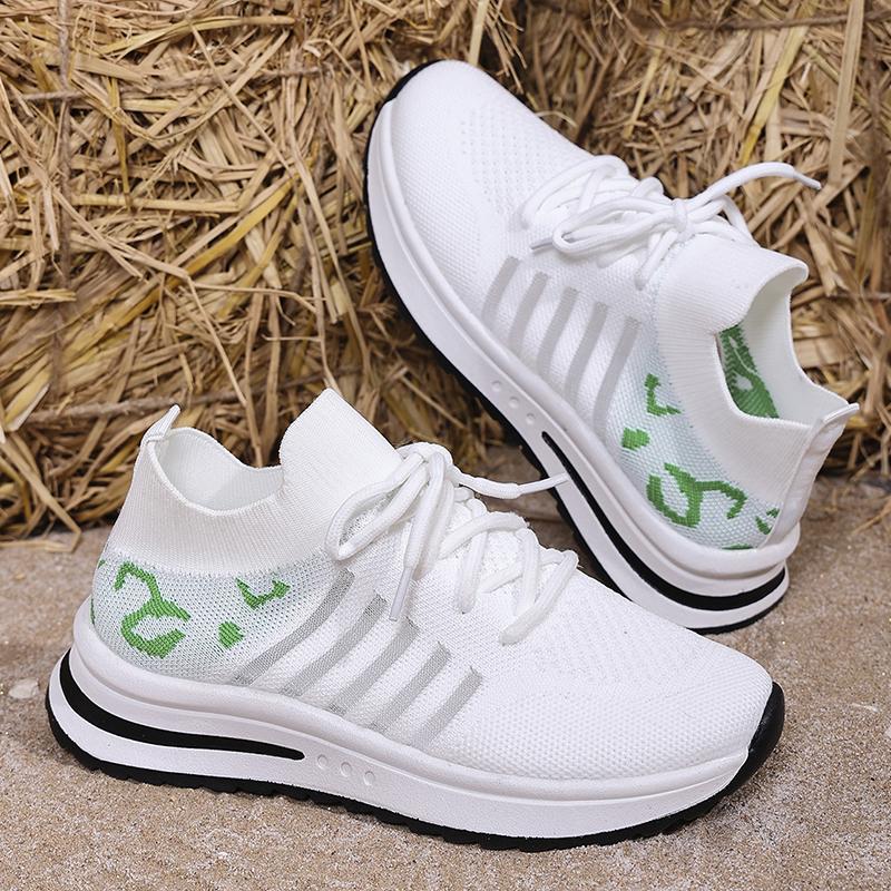 Fashion 2025 Hollow Out Breathable Sneakers Women Plus Size Printed Thick Sole Walking Shoes Woman Comfortable Knitted Flats Female