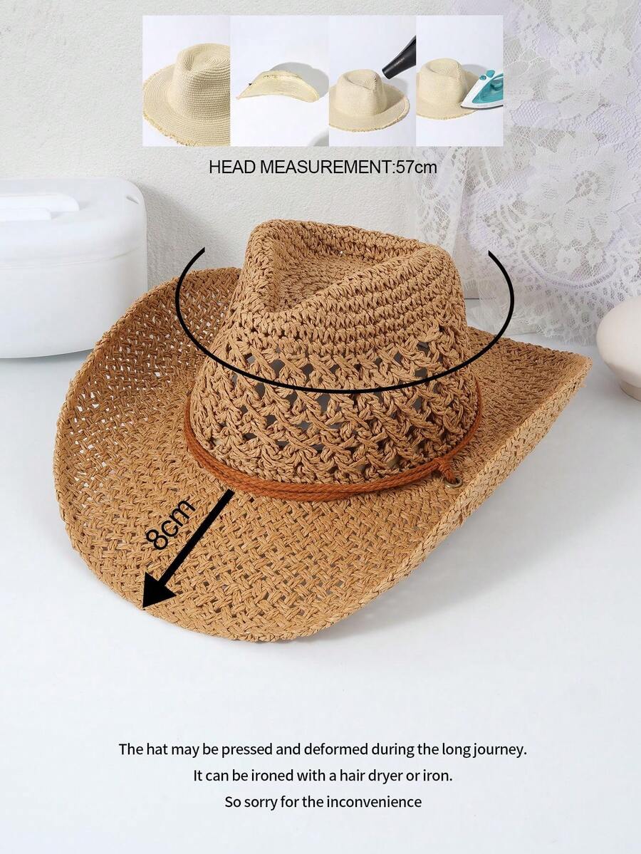 Zealous Sole Women's Bohemian Hollow Out Straw Hat Summer Beach Vacation Uv Protection Woven Khaki Sun Hat Cm