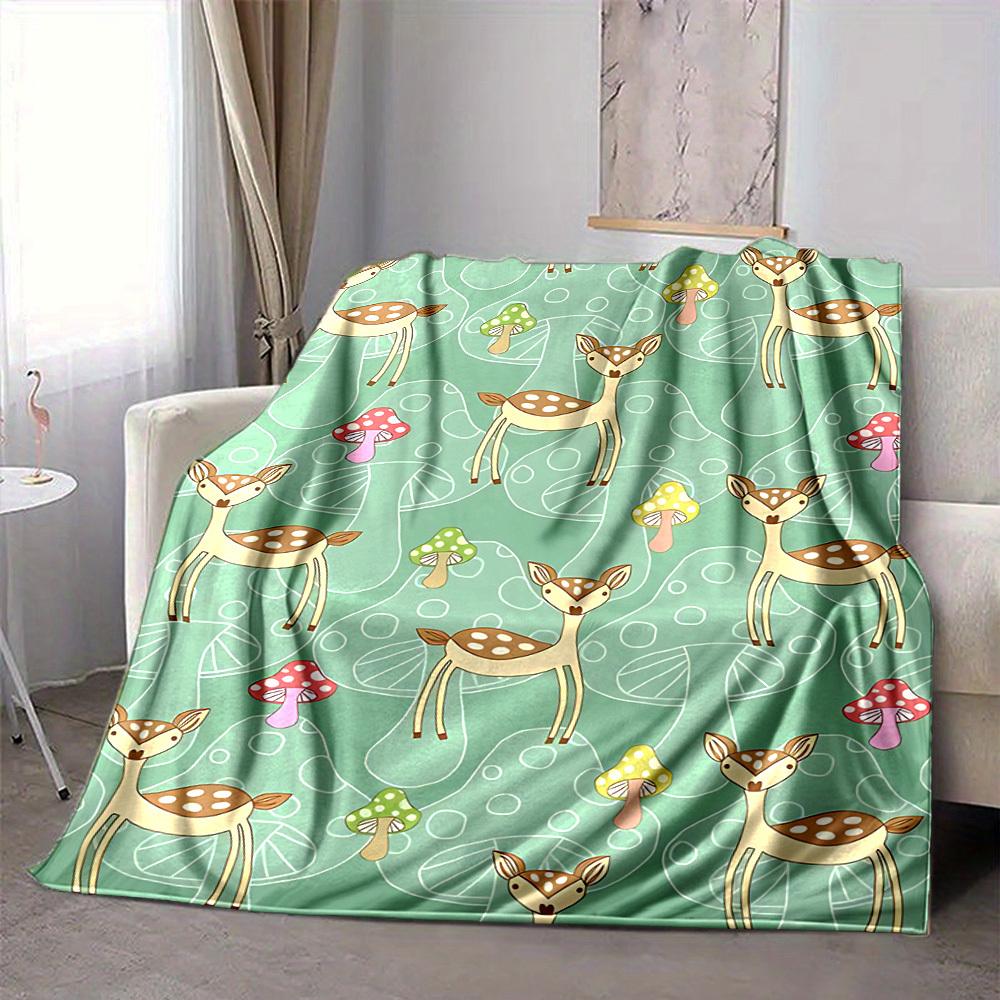 1pc Deer Mushrooms Lightweight Flannel Blanket, Comfortable and Warm Blanket, for Office and Camping Sofa Bed, Livingroom180