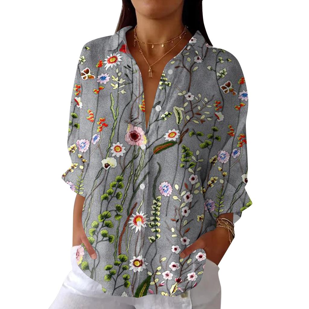 Women's Fashion Seven Sleeve Casual Lapel Back Tie Shirt Printed T-Shirt Top