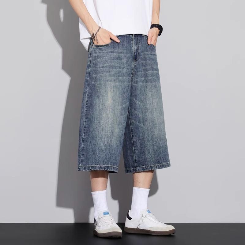Men's Non-Elastic Denim Seven-Five Shorts Loose Wide Leg Fit Versatile Simple Style Casual Shorts