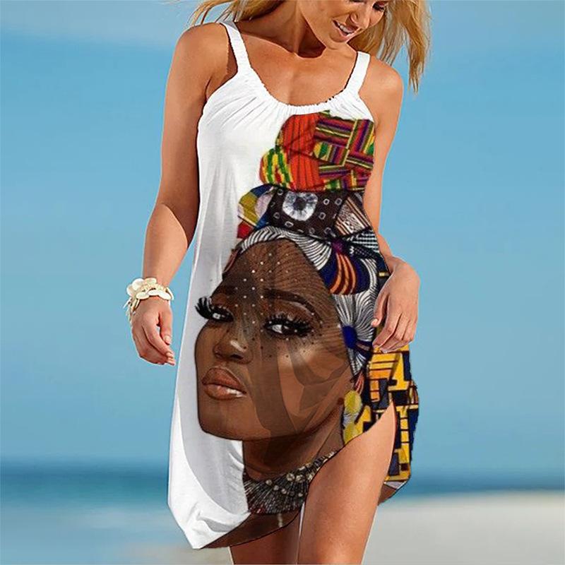 Été Nouveau 3D Femmes Impression Portrait Photo Impression Robe de Plage d'Été Robe Courte Vacances Bord de Mer Robe Sexy Été