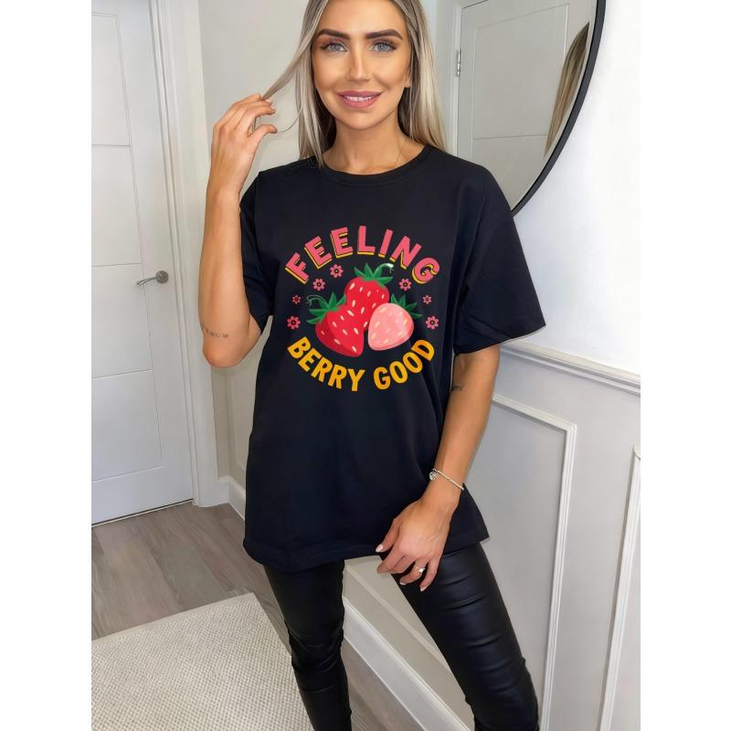 Feeling Berry Good Oversized T Shirt Black Strawberry Print And Text Casual Summer Wear For Women