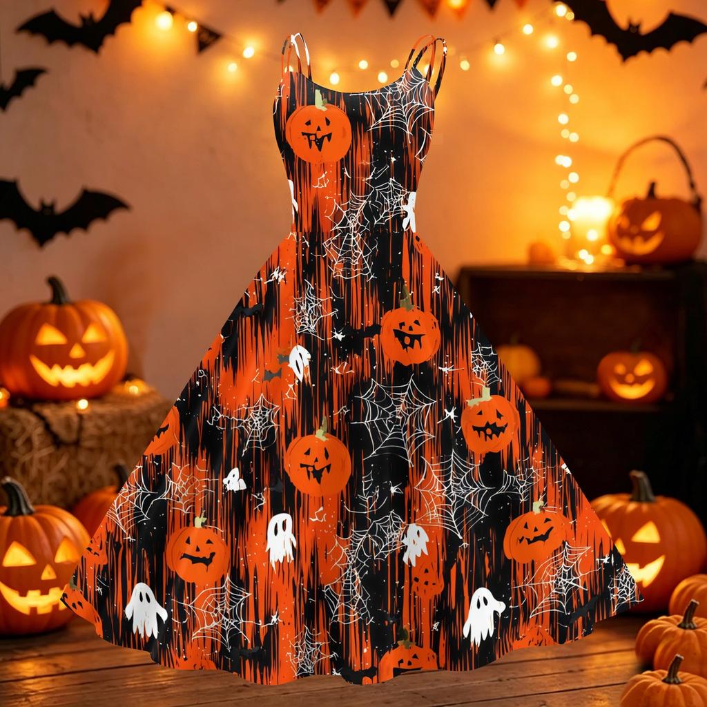 Women's Vintage Punk Off Shoulder Dress Halloween Print Spider Web Pattern Sleeveless Swing Dress with Flared Skirt for Costume Party