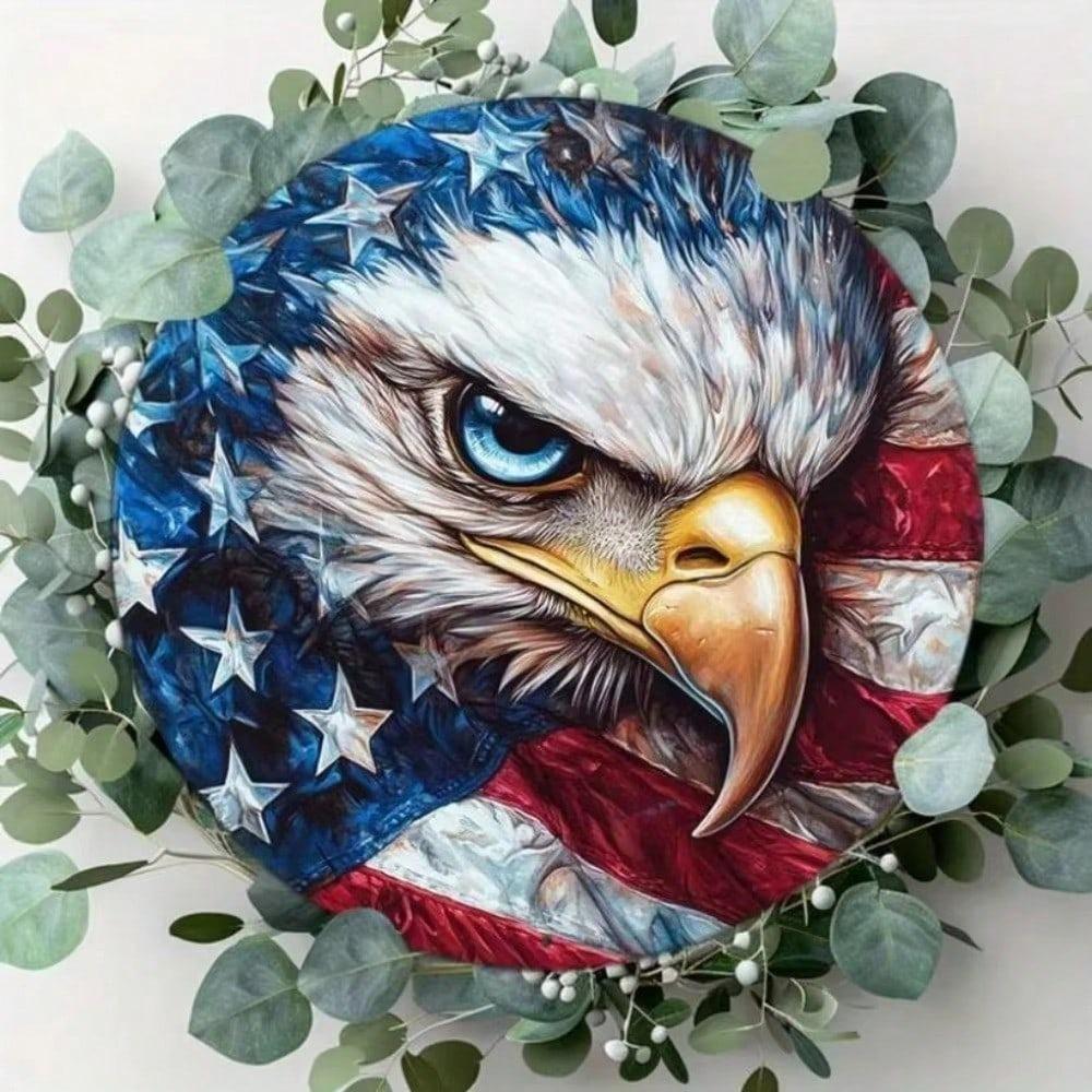 American Flag Eagle Round Tin Sign 8x8 Inch Wall Art Office Home Fall Halloween Christmas Decor Gift