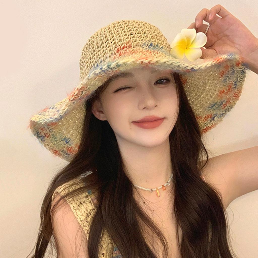 Women Summer Beach Sun Hat Large Brim & Colorful Woven Beach Sun Hats for Summer Beach Fishing Hiking