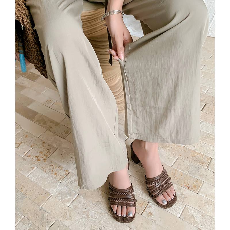 Krazing Pot Straw Weaving Handmade Summer Size 40 Sexy Beauty Dance Shoes Slip On French Chic Chunky Heels Women Peep Toe Sandals