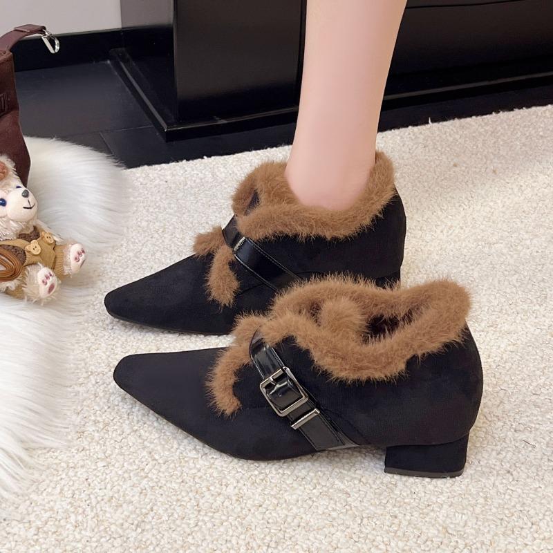 2025 New Fleece Warm Pointed Toe Fluffy Booties for Women Winter Heightening Little  Mary Jane High Heel Cotton Shoes