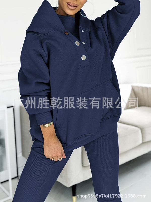 1116 European and American new women's clothing sports and leisure hooded pocket sweater threaded slim trousers set